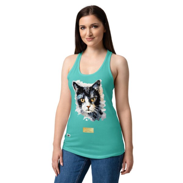 Camiseta de gatos para mujer EL GATO DE DEGAS en color azul tahití, sobre modelo