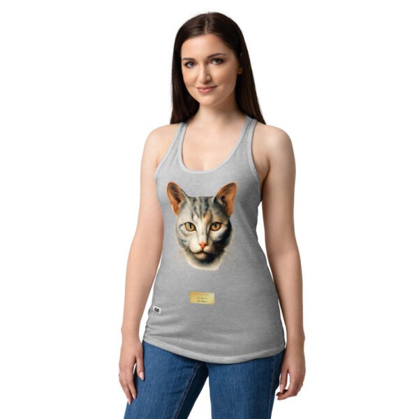 Camiseta de gatos para mujer EL GATO DE EL BOSCO en color gris jaspeado, sobre modelo