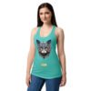 Camiseta de gatos para mujer EL GATO DE ESCHER en color azul tahití, sobre modelo