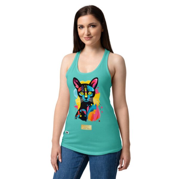 Camiseta de gatos para mujer EL GATO DE FRIDA KAHLO en color azul tahití, sobre modelo