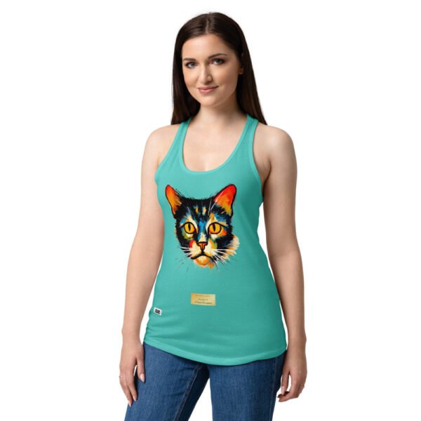Camiseta de gatos para mujer EL GATO DE GAUGUIN en color azul tahití, sobre modelo