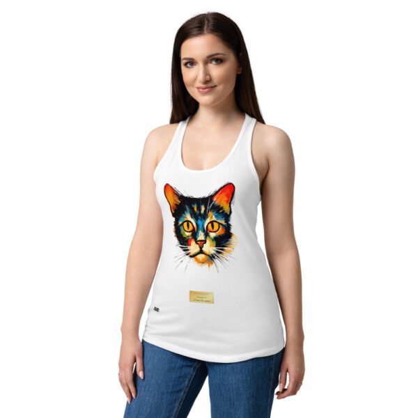 Camiseta de gatos para mujer EL GATO DE GAUGUIN en color blanco, sobre modelo