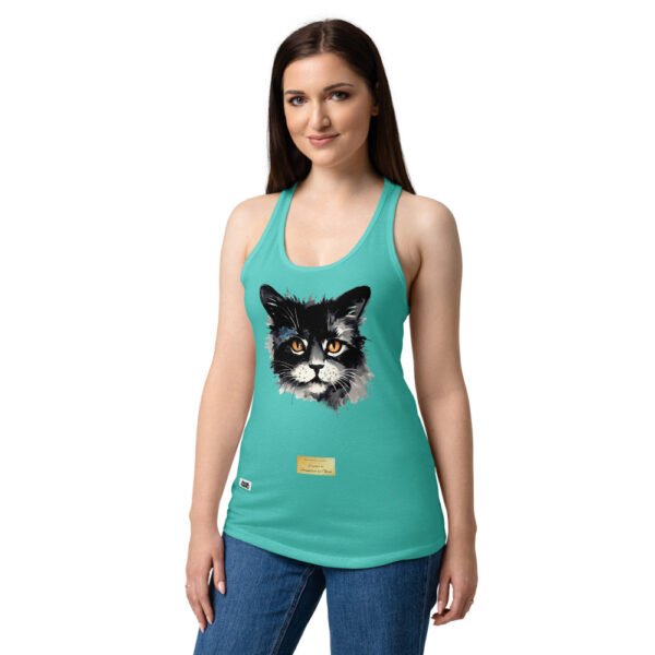 Camiseta de gatos para mujer EL GATO DE GOYA en color azul tahití, sobre modelo