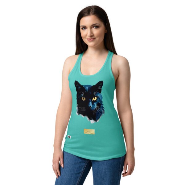 Camiseta de gatos para mujer EL GATO DE HOPPER en color azul tahití, sobre modelo
