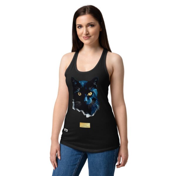 Camiseta de gatos para mujer EL GATO DE HOPPER en color negro, sobre modelo