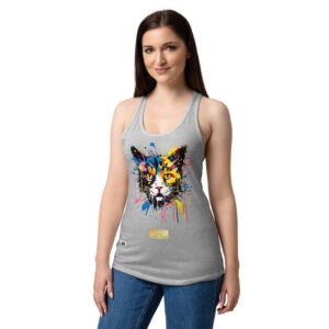 Camiseta de gatos para mujer EL GATO DE JACKSON POLLOCK en color gris jaspeado, sobre modelo