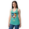 Camiseta de gatos para mujer EL GATO DE KANDINSKI en color azul tahití, sobre modelo
