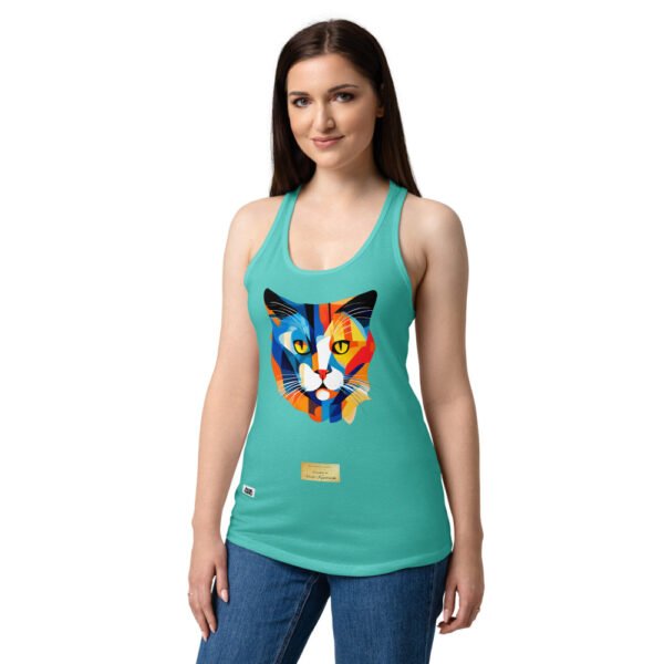 Camiseta de gatos para mujer EL GATO DE KANDINSKI en color azul tahití, sobre modelo
