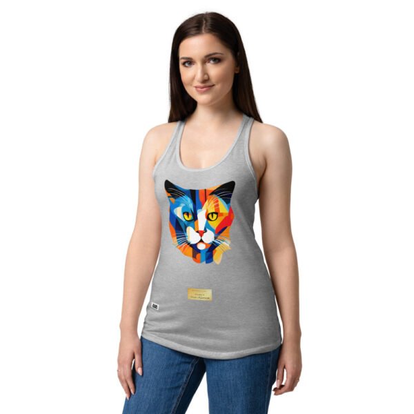 Camiseta de gatos para mujer EL GATO DE KANDINSKI en color gris jaspeado, sobre modelo