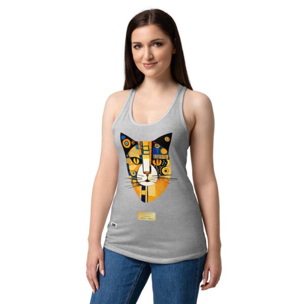 Camiseta de gatos para mujer EL GATO DE KLIMT en color gris jaspeado, sobre modelo