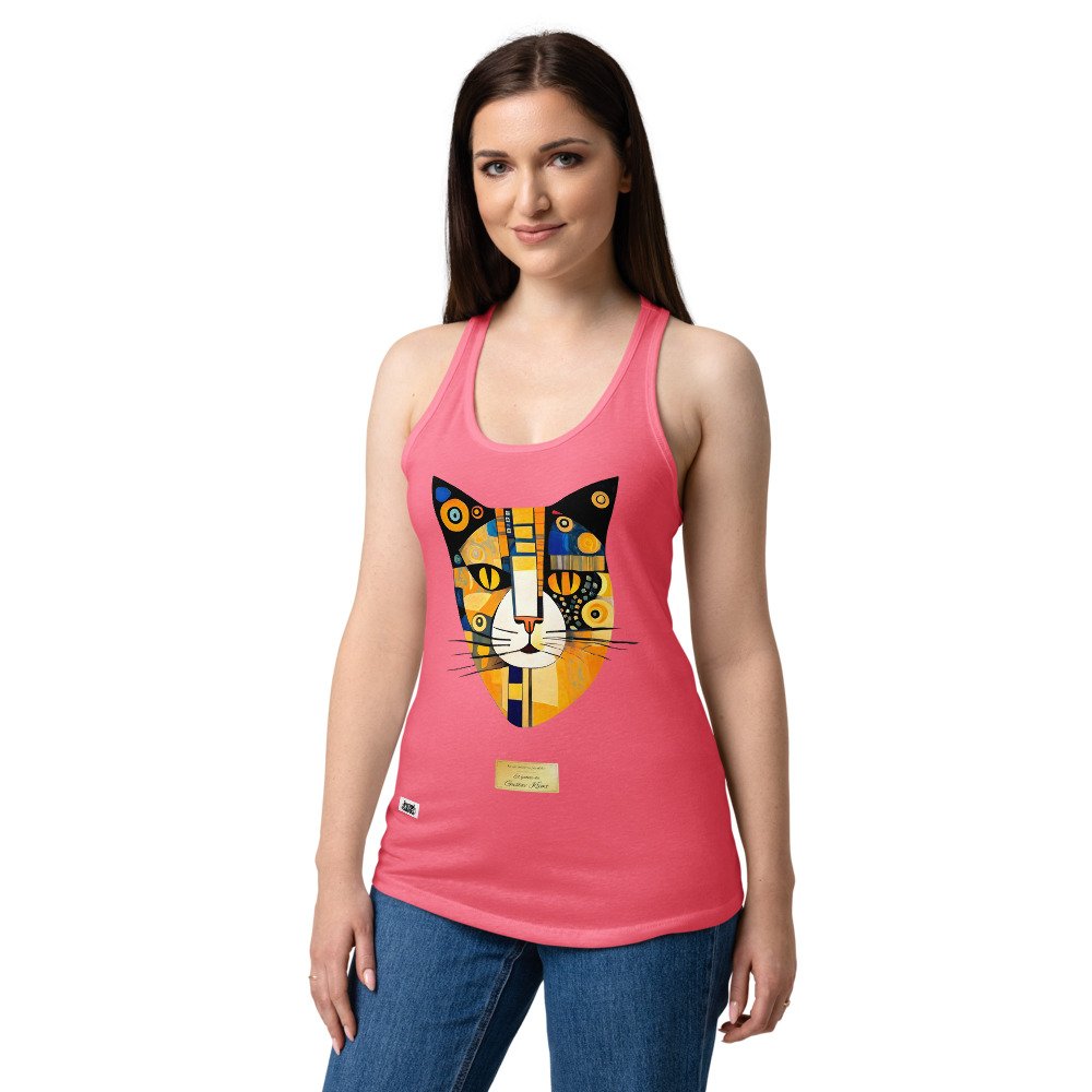 Camiseta de gatos para mujer EL GATO DE KLIMT en color rosa eléctrico, sobre modelo