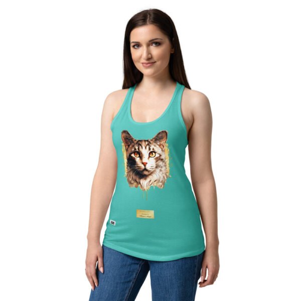 Camiseta de gatos para mujer EL GATO DE MIGUEL ÁNGEL en color azul tahití, sobre modelo