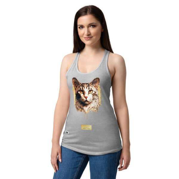 Camiseta de gatos para mujer EL GATO DE MIGUEL ÁNGEL en color gris jaspeado, sobre modelo