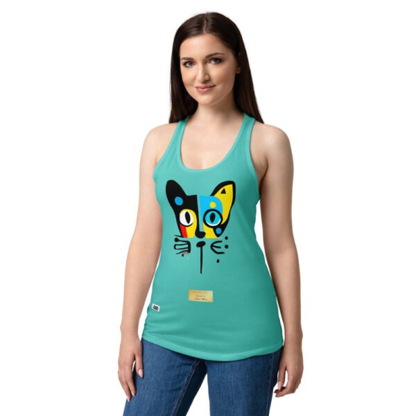 Camiseta de gatos para mujer EL GATO DE MIRÓ en color azul tahití, sobre modelo