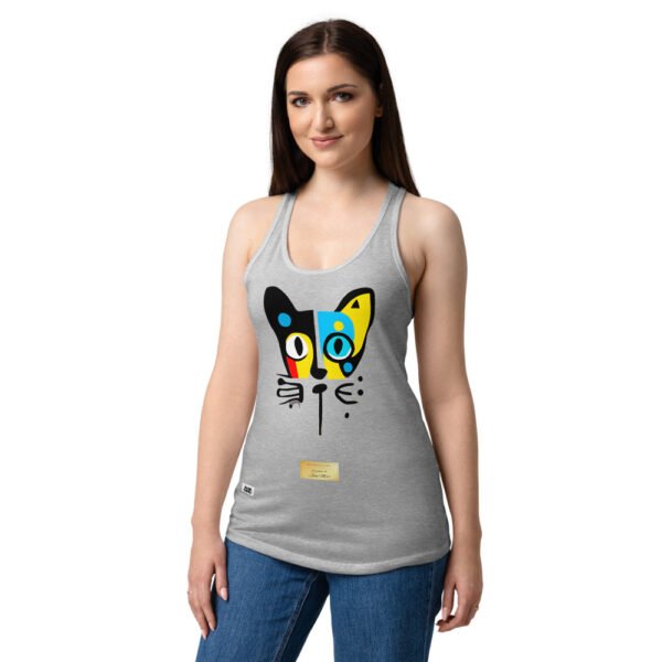 Camiseta de gatos para mujer EL GATO DE MIRÓ en color gris jaspeado, sobre modelo
