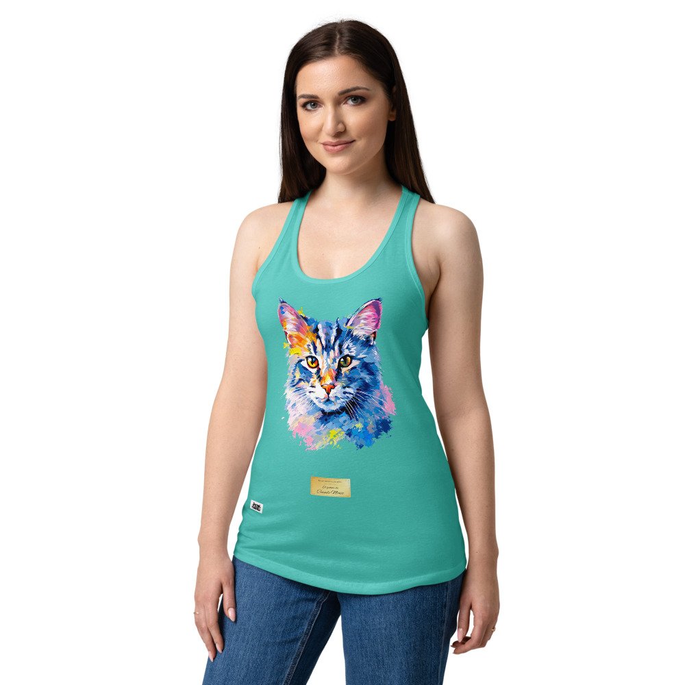 Camiseta de gatos para mujer EL GATO DE MONET en color azul tahití, sobre modelo