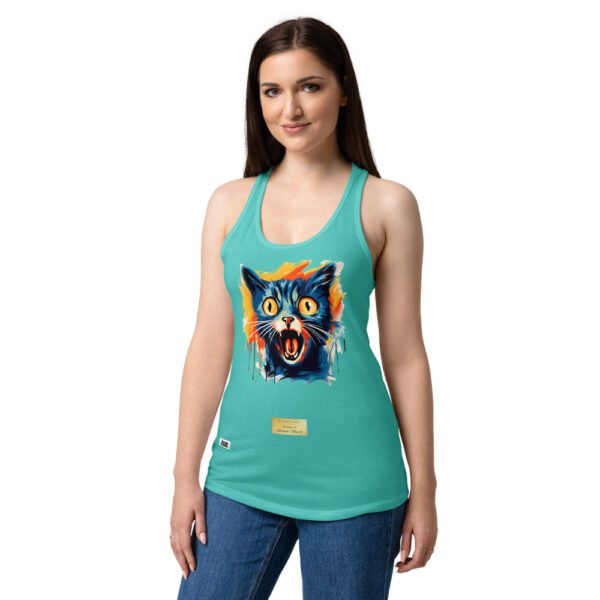 Camiseta de gatos para mujer EL GATO DE MUNCH en color azul tahití, sobre modelo