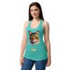 Camiseta de gatos para mujer EL GATO DE MURILLO en color azul tahití, sobre modelo