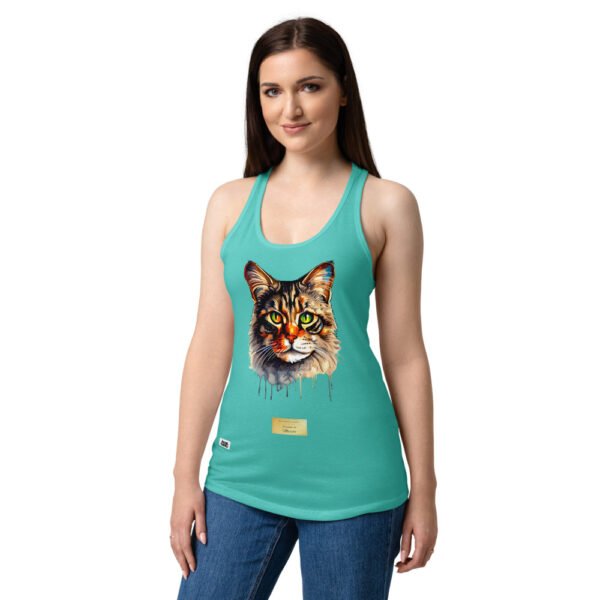Camiseta de gatos para mujer EL GATO DE MURILLO en color azul tahití, sobre modelo