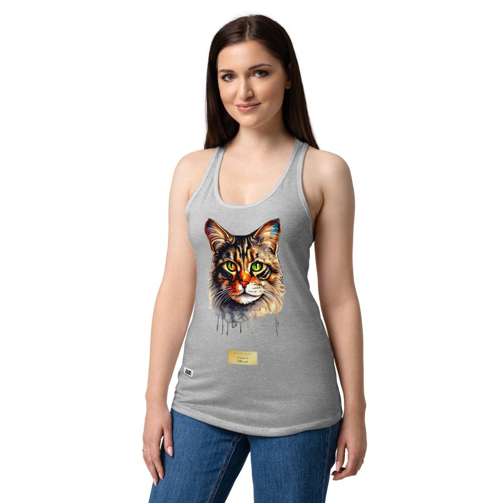 Camiseta de gatos para mujer EL GATO DE MURILLO en color gris jaspeado, sobre modelo