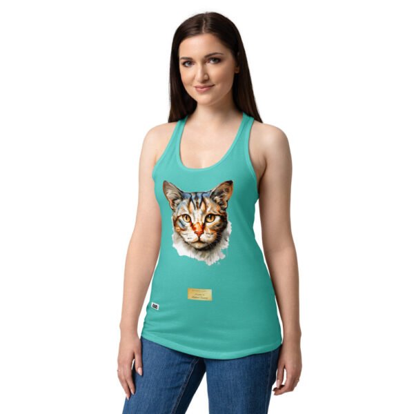 Camiseta de gatos para mujer EL GATO DE RAFAEL SANZIO en color azul tahití, sobre modelo