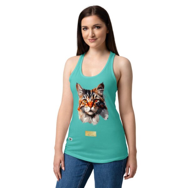 Camiseta de gatos para mujer EL GATO DE REMBRANDT en color azul tahití, sobre modelo