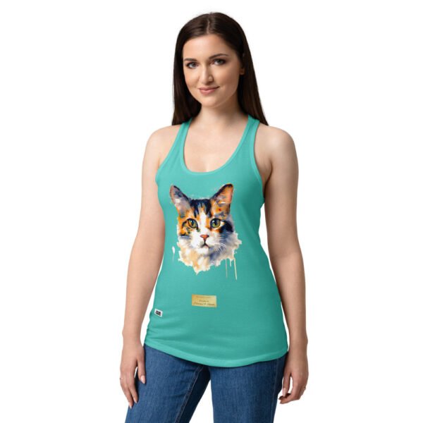 Camiseta de gatos para mujer EL GATO DE RENOIR en color azul tahití, sobre modelo