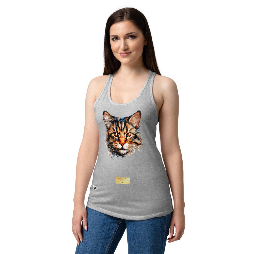 Camiseta de gatos para mujer EL GATO DE RUBENS en color gris jaspeado, sobre modelo
