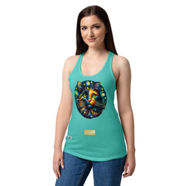 Camiseta de gatos para mujer EL GATO DE VAN GOGH en color azul tahití, sobre modelo