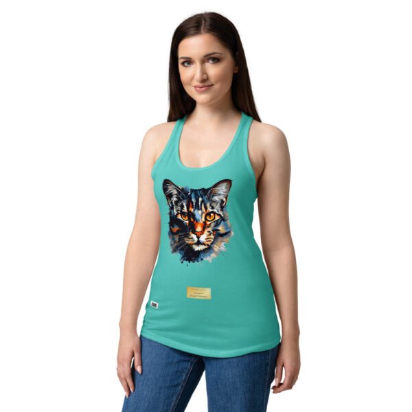 Camiseta de gatos para mujer EL GATO DE VELÁZQUEZ en color azul tahití, sobre modelo
