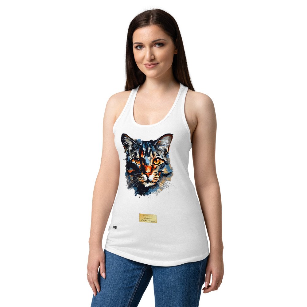 Camiseta de gatos para mujer EL GATO DE VELÁZQUEZ en color blanco, sobre modelo