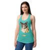 Camiseta de gatos para mujer EL GATO DE VERMEER en color azul tahití, sobre modelo