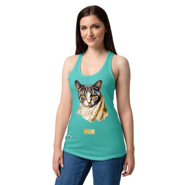 Camiseta de gatos para mujer EL GATO DE VERMEER en color azul tahití, sobre modelo