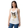 Camiseta de gatos para mujer EL GATO DE VERMEER en color blanco, sobre modelo