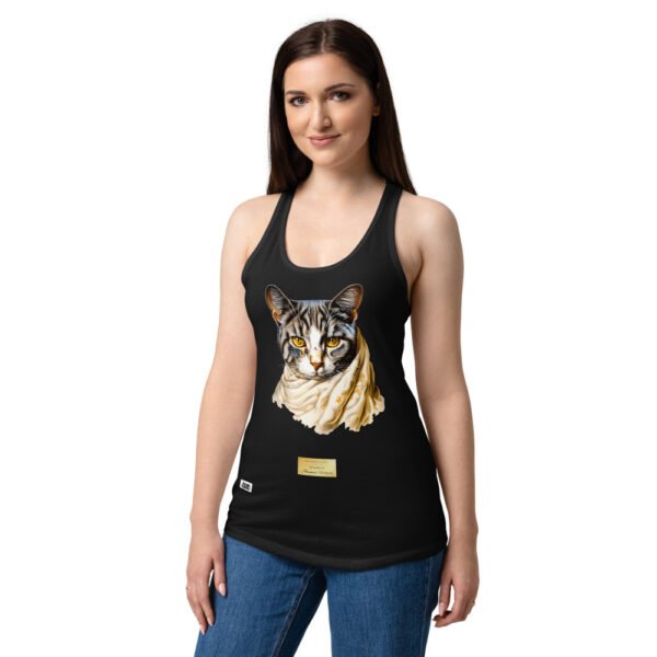 Camiseta de gatos para mujer EL GATO DE VERMEER en color negro, sobre modelo
