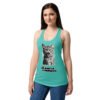 Camiseta de gatos para mujer EL PLANETA DE LOS MININOS en color azul tahití, sobre modelo