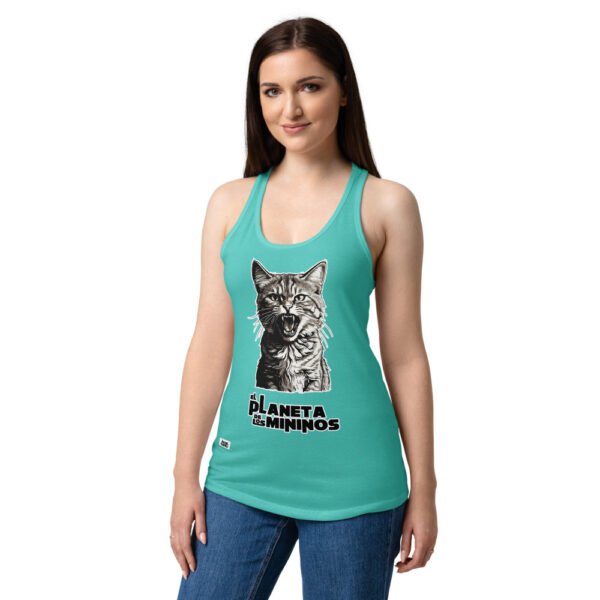 Camiseta de gatos para mujer EL PLANETA DE LOS MININOS en color azul tahití, sobre modelo
