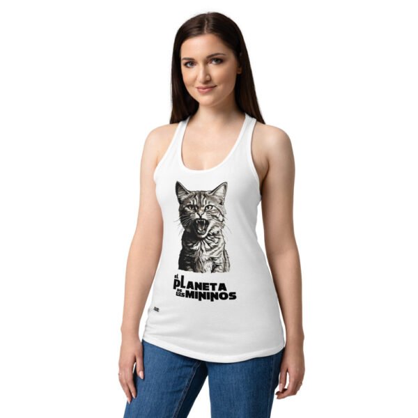 Camiseta de gatos para mujer EL PLANETA DE LOS MININOS en color blanco, sobre modelo
