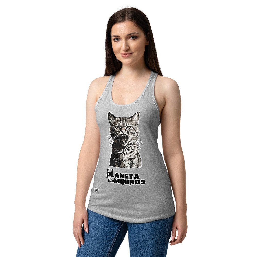 Camiseta de gatos para mujer EL PLANETA DE LOS MININOS en color gris jaspeado, sobre modelo