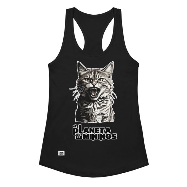 Camiseta de gatos para mujer EL PLANETA DE LOS MININOS en color negro, vista plana