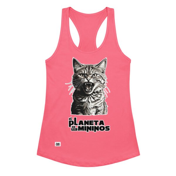 Camiseta de gatos para mujer EL PLANETA DE LOS MININOS en color rosa eléctrico, vista plana
