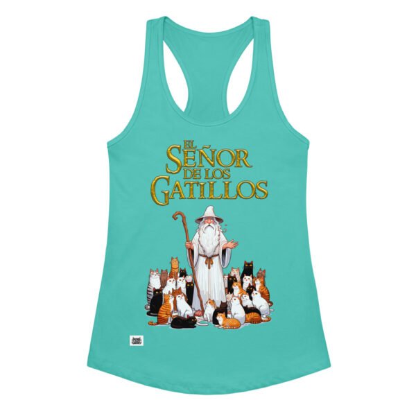Camiseta de gatos para mujer EL SEÑOR DE LOS GATILLOS en color azul tahití, vista plana