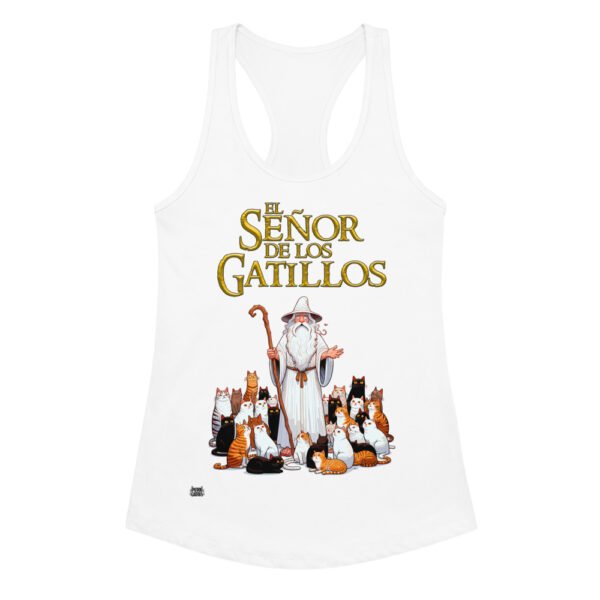 Camiseta de gatos para mujer EL SEÑOR DE LOS GATILLOS en color blanco, vista plana