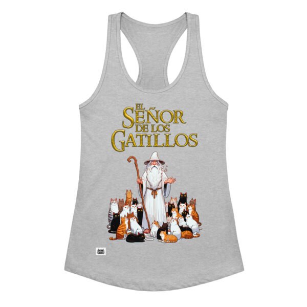 Camiseta de gatos para mujer EL SEÑOR DE LOS GATILLOS en color gris jaspeado, vista plana