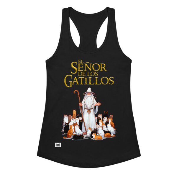 Camiseta de gatos para mujer EL SEÑOR DE LOS GATILLOS en color negro, vista plana
