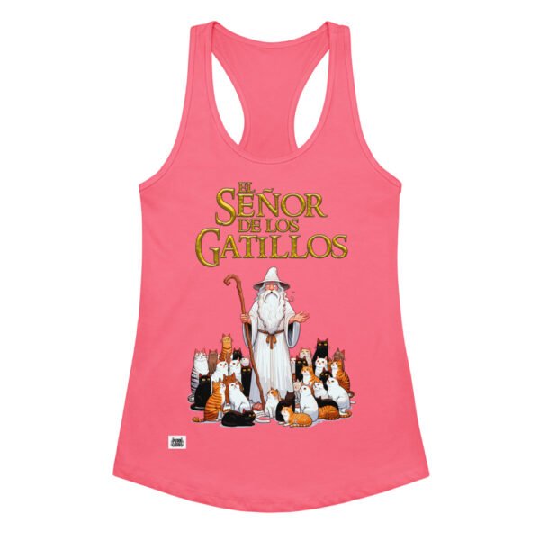 Camiseta de gatos para mujer EL SEÑOR DE LOS GATILLOS en color rosa eléctrico, vista plana