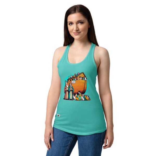 Camiseta de gatos para mujer ¿ESTAMOS SEGUROS? en color azul tahití, sobre modelo
