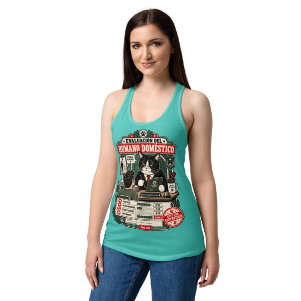 Camiseta de gatos para mujer EVALUACIÓN DEL HUMANO en color azul tahití, sobre modelo
