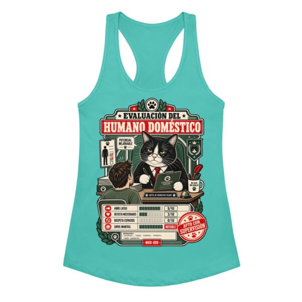Camiseta de gatos para mujer EVALUACIÓN DEL HUMANO en color azul tahití, vista plana