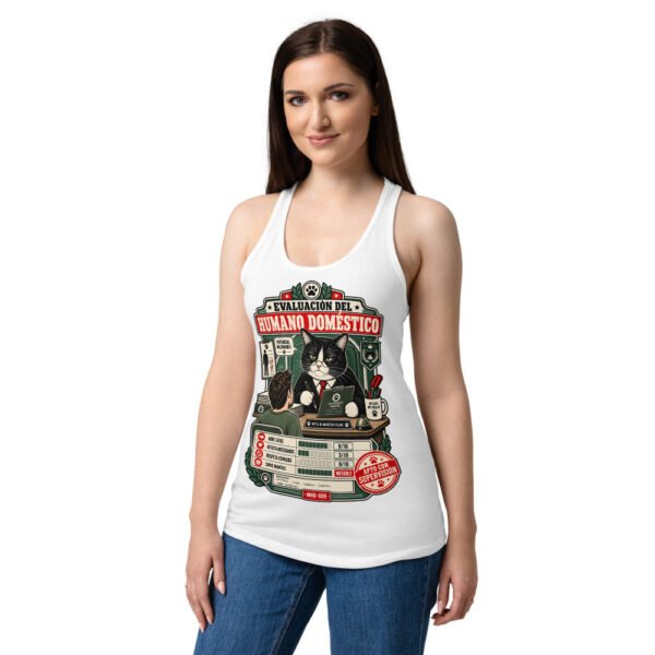 Camiseta de gatos para mujer EVALUACIÓN DEL HUMANO en color blanco, sobre modelo